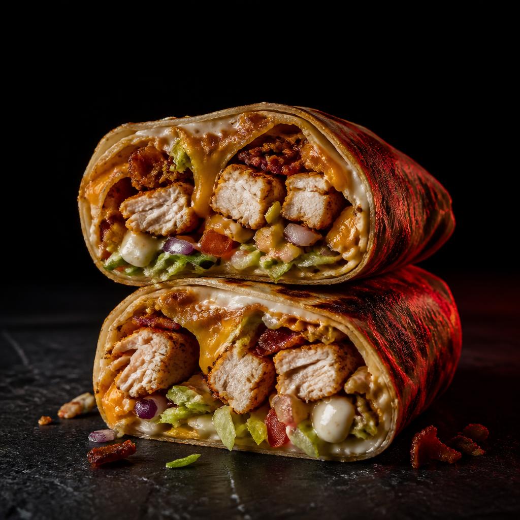Loaded chicken wrap cut in half